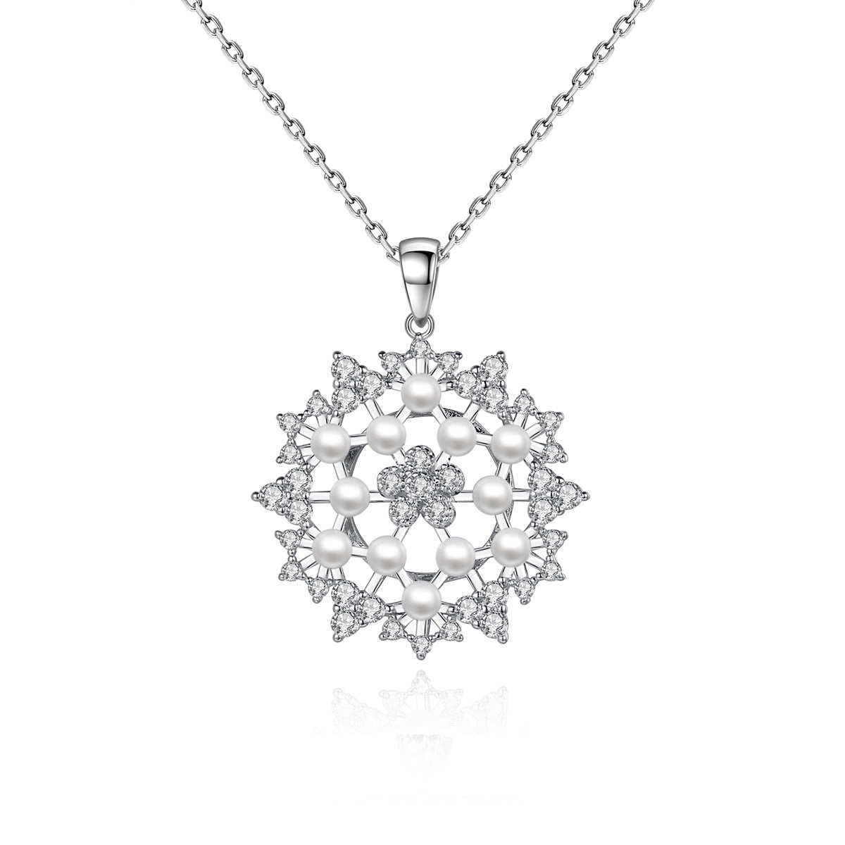 Pearl and Cubic Zirconia Silver-Plated Flower Pendant Necklace, silver pendant necklace for women, everyday style, front view