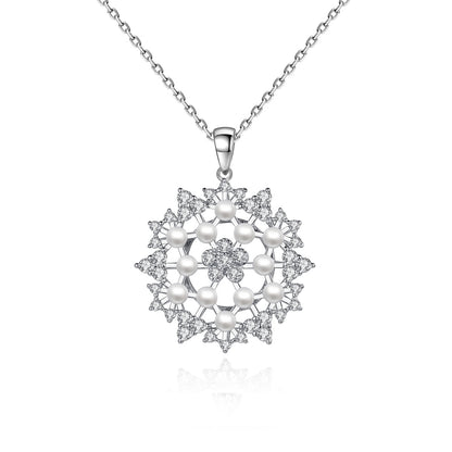 Pearl and Cubic Zirconia Silver-Plated Flower Pendant Necklace, silver pendant necklace for women, everyday style, front view