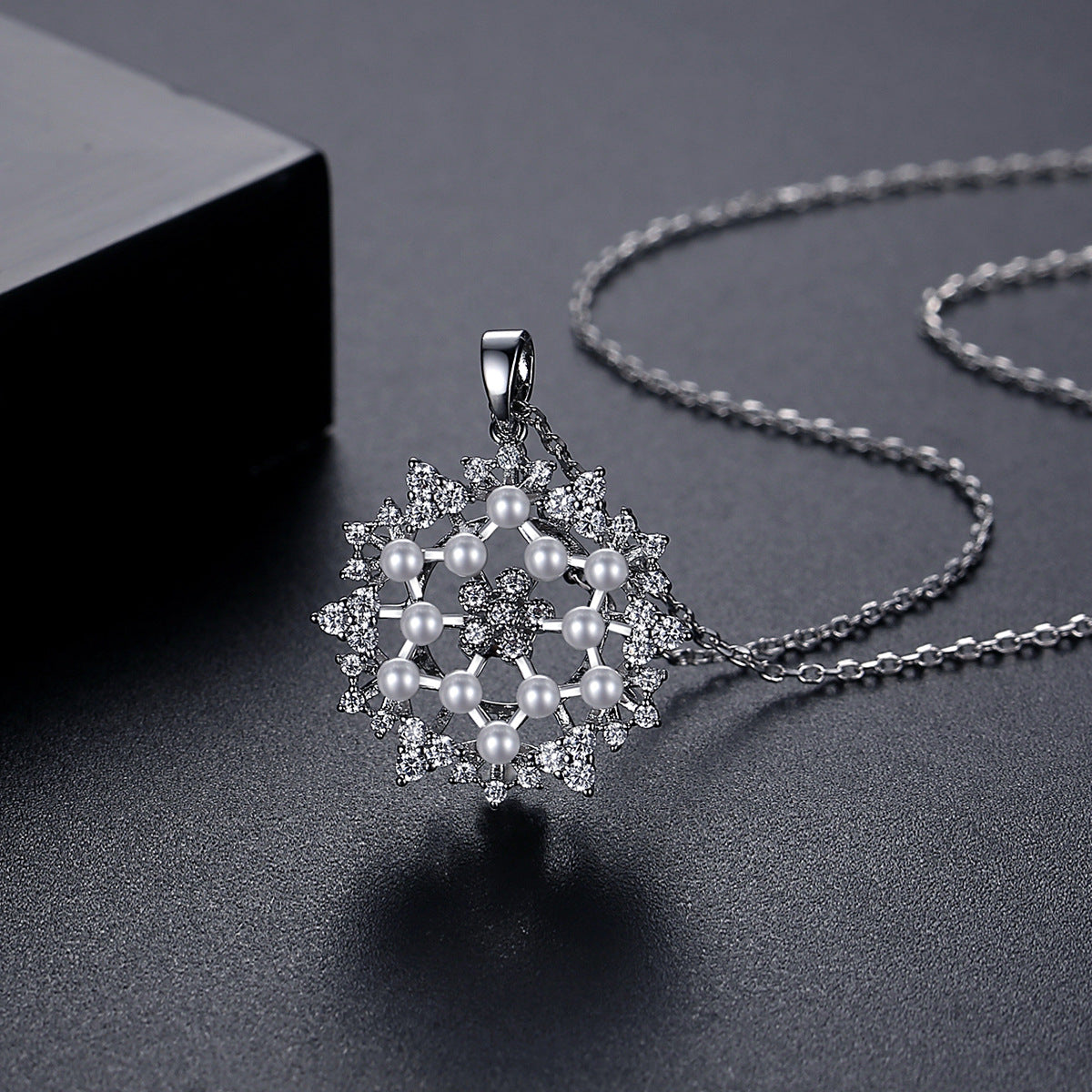 Pearl and Cubic Zirconia Silver-Plated Flower Pendant Necklace, silver pendant necklace for women, everyday style, side view