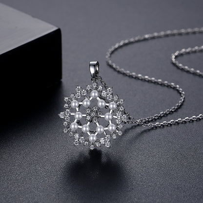 Pearl and Cubic Zirconia Silver-Plated Flower Pendant Necklace, silver pendant necklace for women, everyday style, side view