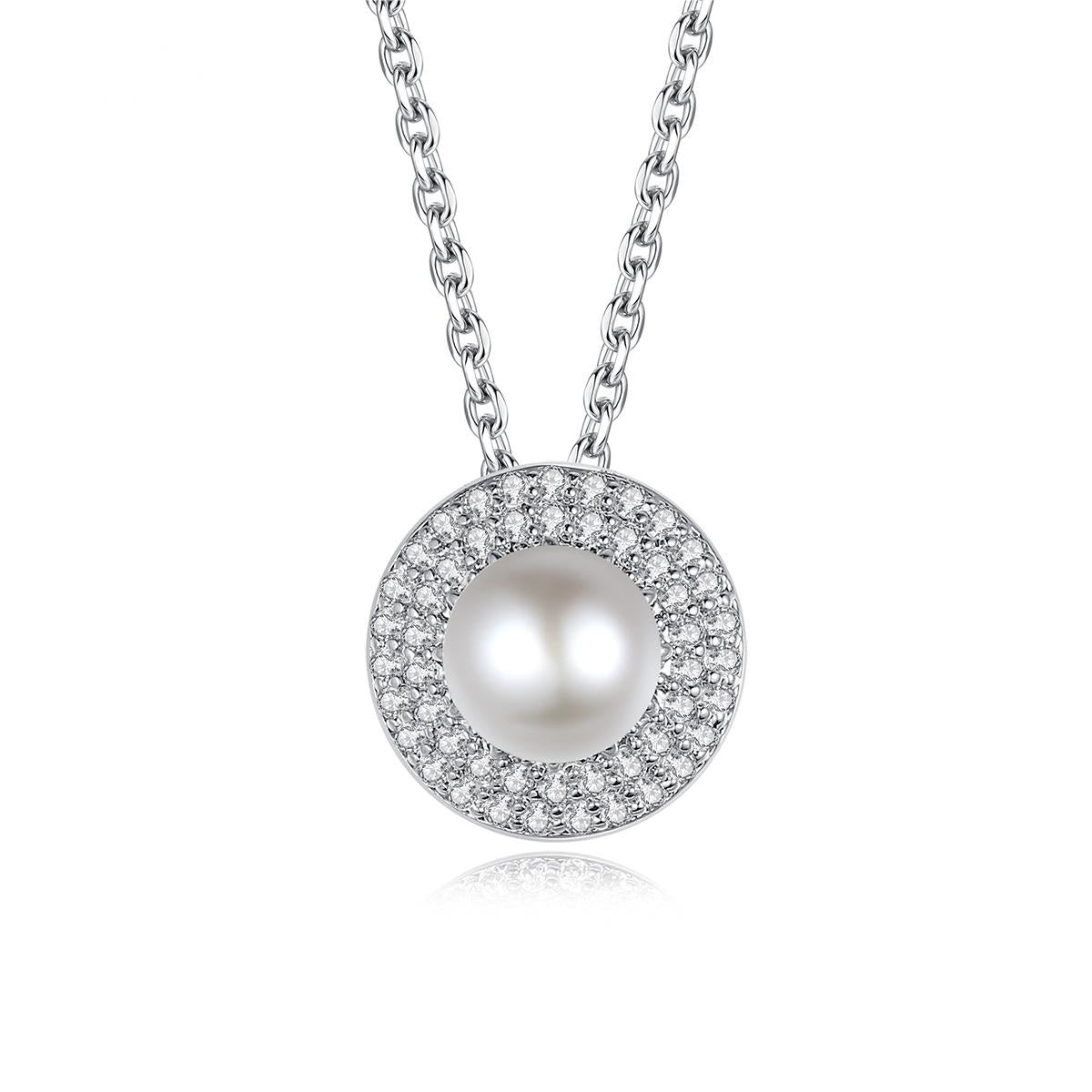 Pearl and Cubic Zirconia Silver-Plated Round Pendant Necklace, silver pendant necklace for women, front view