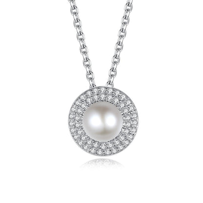 Pearl and Cubic Zirconia Silver-Plated Round Pendant Necklace, silver pendant necklace for women, front view
