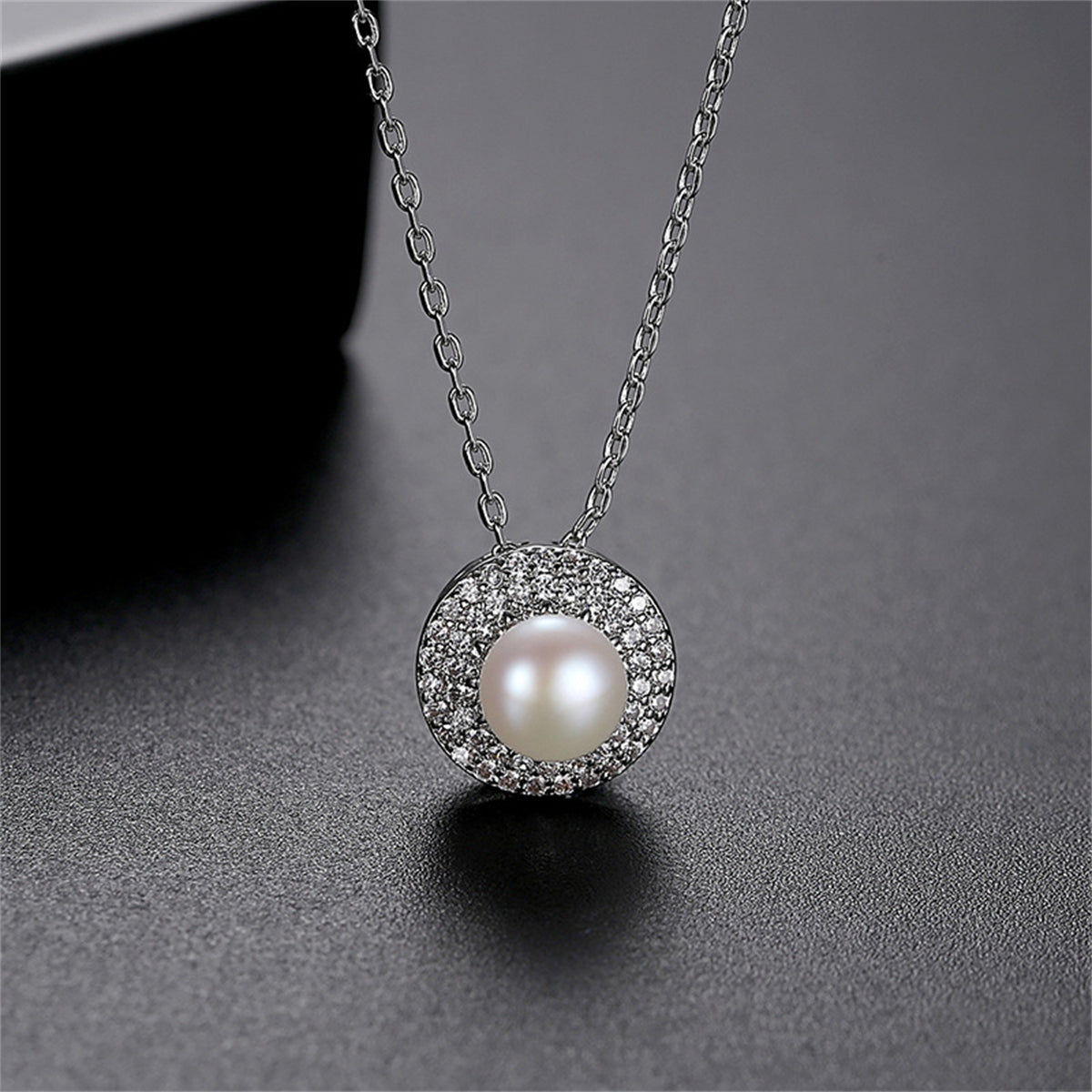 Pearl and Cubic Zirconia Silver-Plated Round Pendant Necklace, silver pendant necklace for women, detail close-up