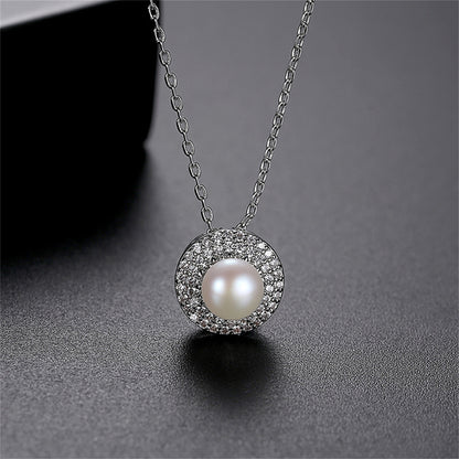 Pearl and Cubic Zirconia Silver-Plated Round Pendant Necklace, silver pendant necklace for women, detail close-up