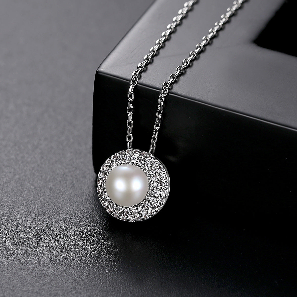 Pearl and Cubic Zirconia Silver-Plated Round Pendant Necklace, silver pendant necklace for women, side view
