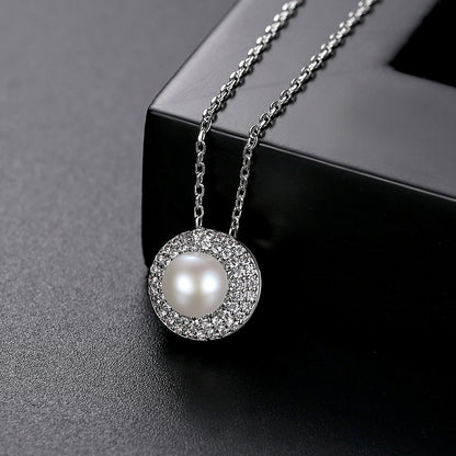 Pearl and Cubic Zirconia Silver-Plated Round Pendant Necklace, silver pendant necklace for women, side view
