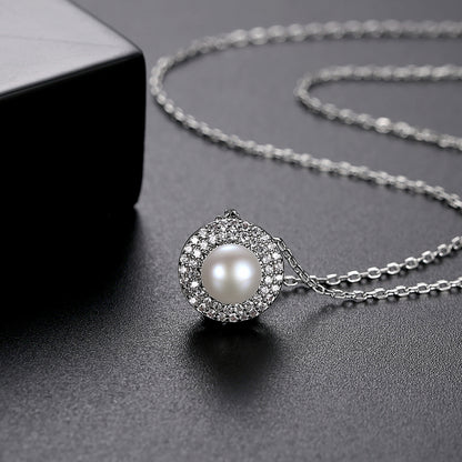 Pearl and Cubic Zirconia Silver-Plated Round Pendant Necklace, silver pendant necklace for women, lifestyle look
