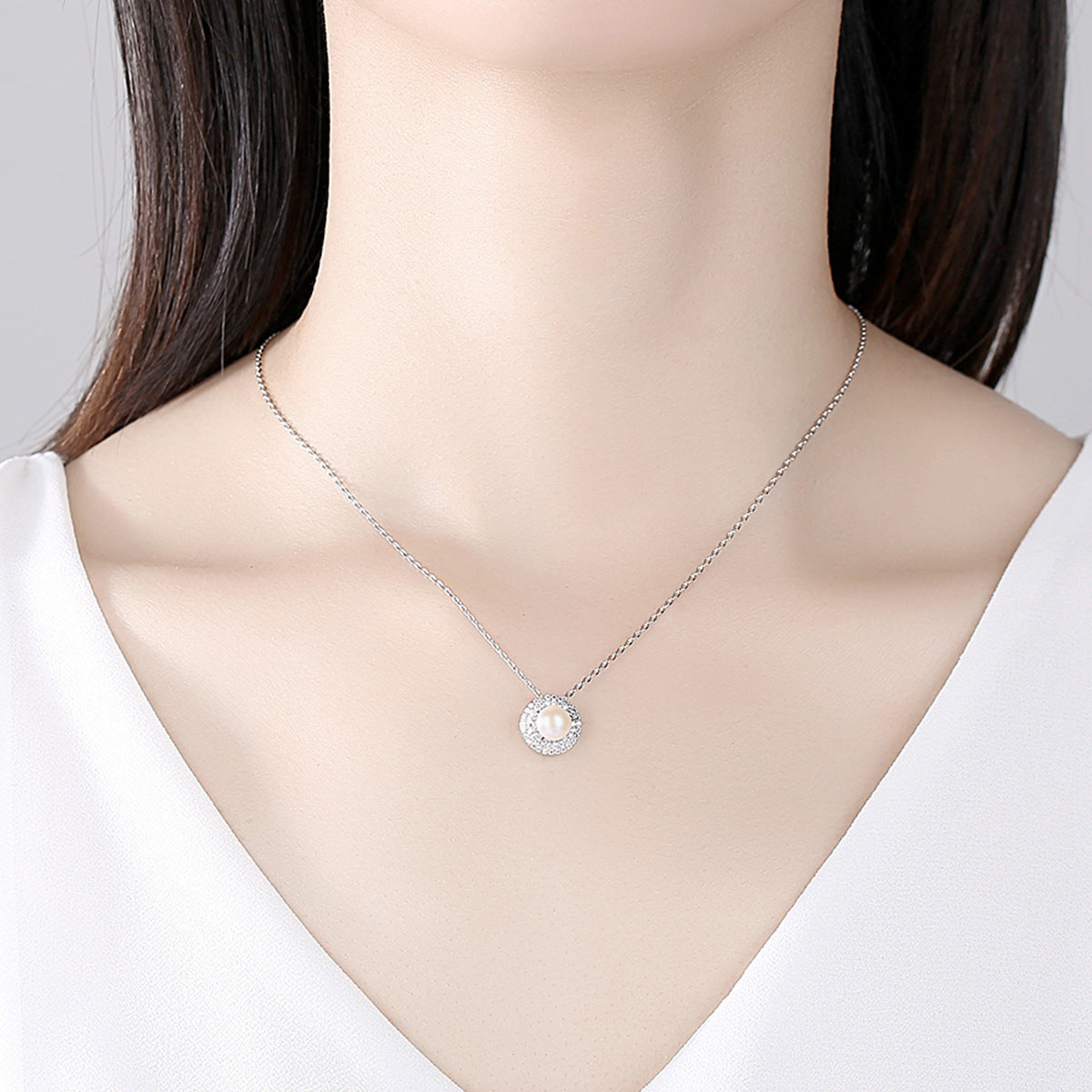 Pearl and Cubic Zirconia Silver-Plated Round Pendant Necklace, silver pendant necklace for women, styled look