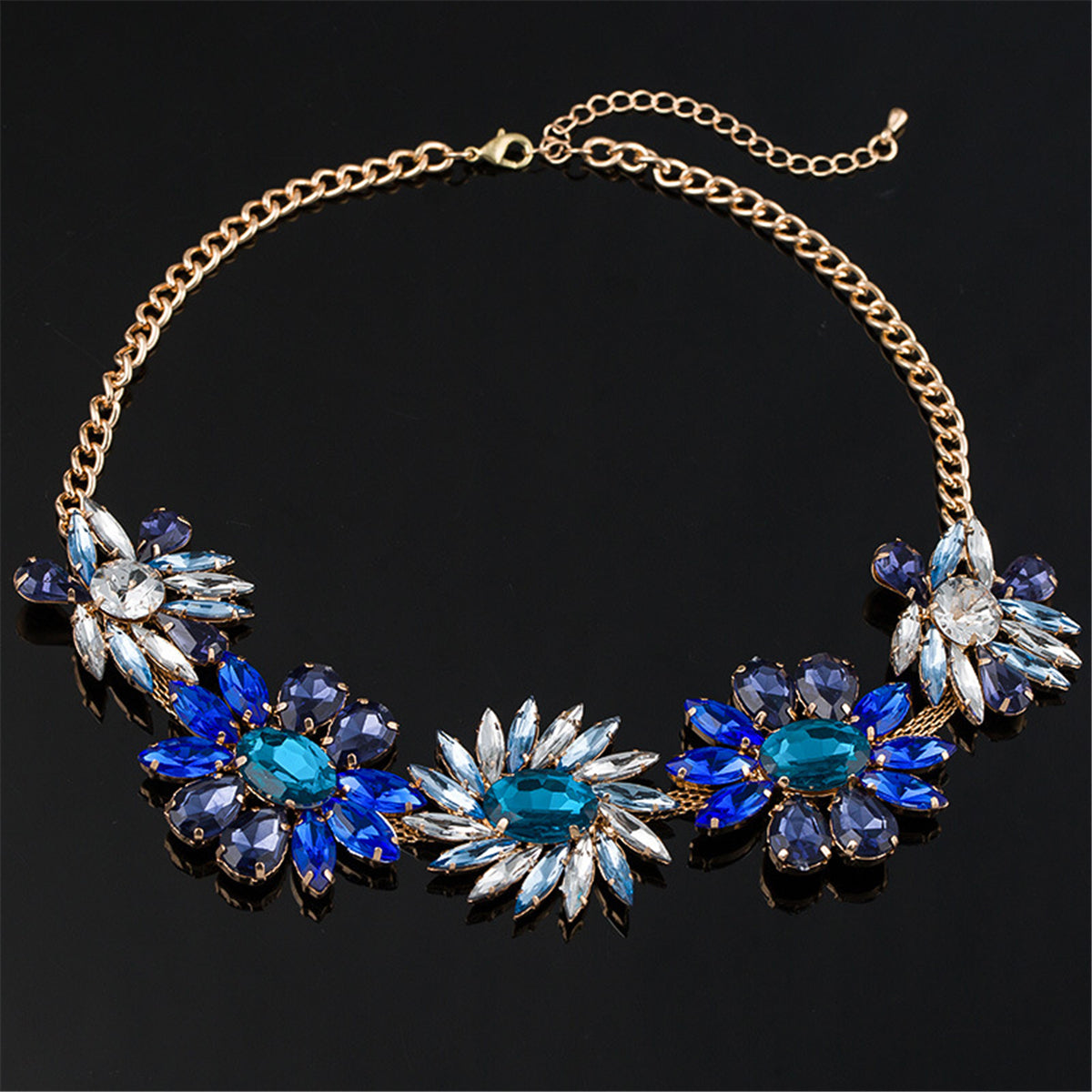 Blue Crystal and 18K Gold-Plated Flower Cluster Statement Necklace, gold pendant necklace for women, side view