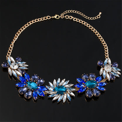 Blue Crystal and 18K Gold-Plated Flower Cluster Statement Necklace, gold pendant necklace for women, side view