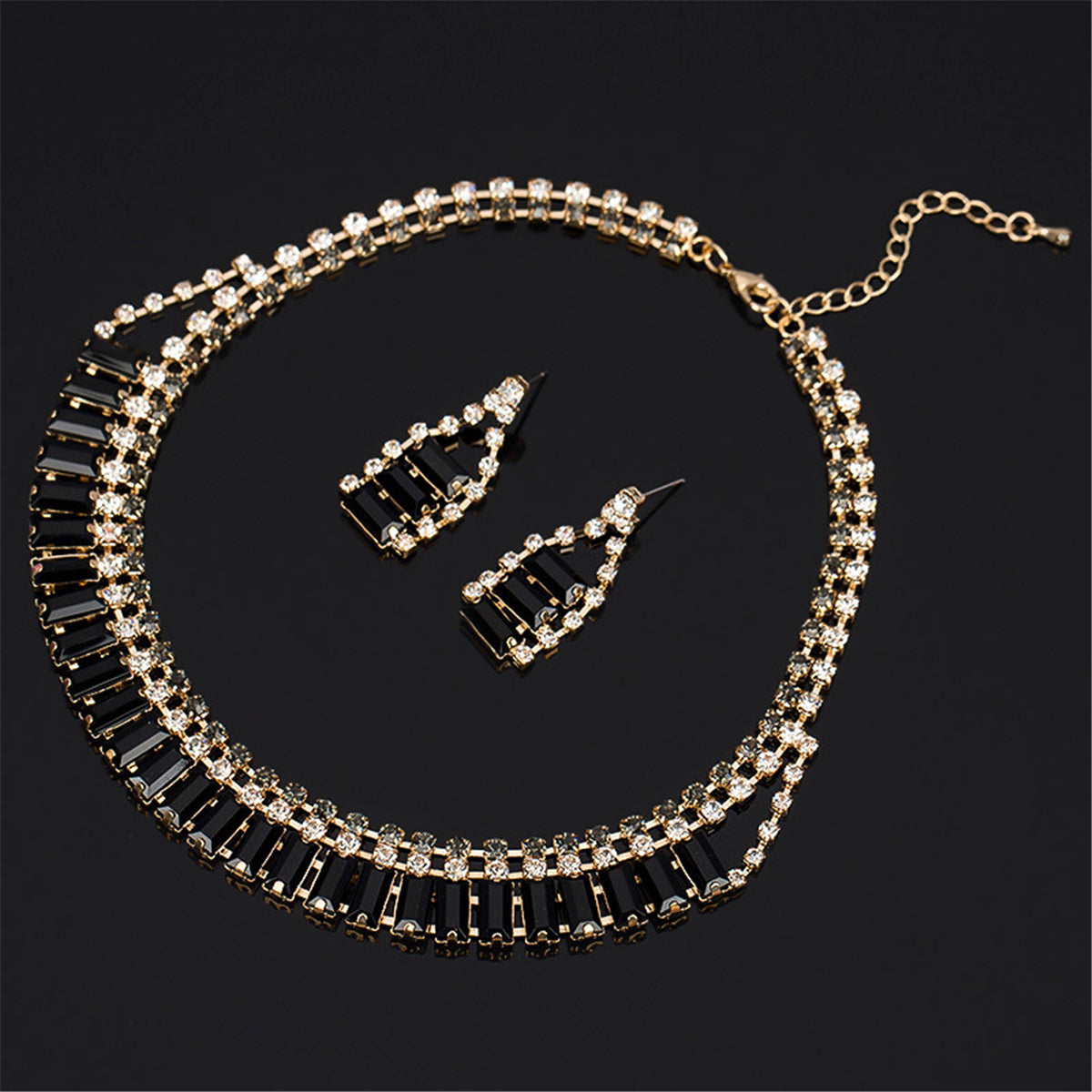 Black Crystal and Cubic Zirconia Drop Earrings and Statement Necklace, drop earrings for women, side view