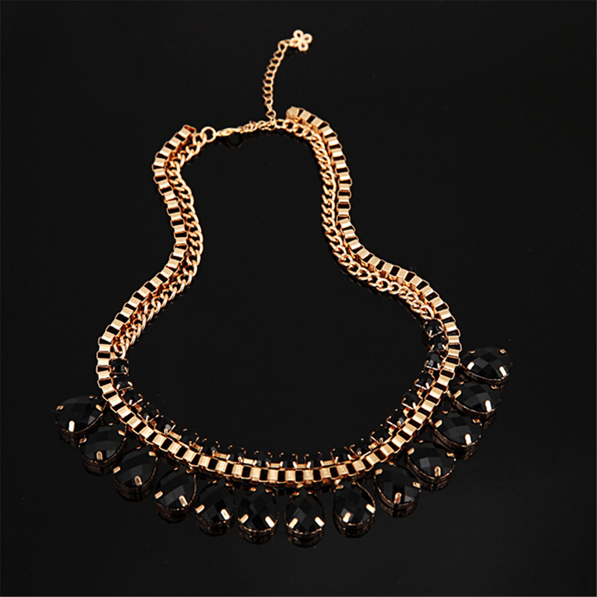 Black Crystal and Cubic Zirconia Station Necklace, pendant necklace for women, everyday style, front view