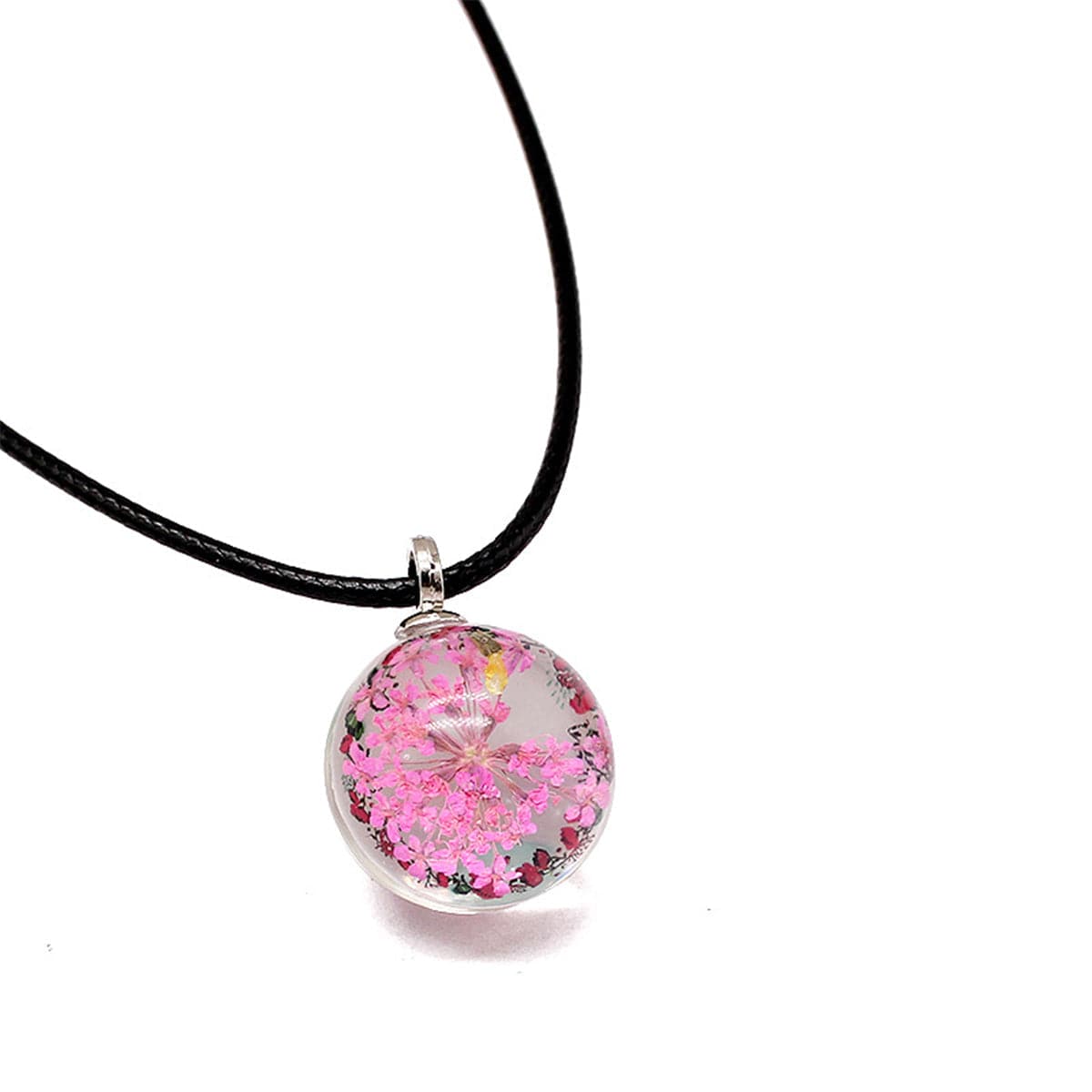 Pink Gypsophila Round Cord Pendant Necklace, pendant necklace for women, everyday style, front view