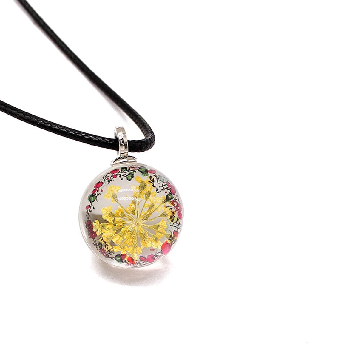 Yellow Gypsophila Round Cord Pendant Necklace, pendant necklace for women, everyday style, front view