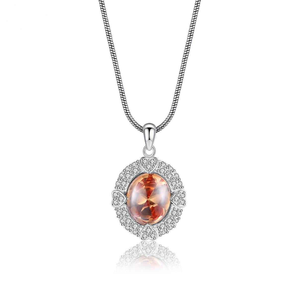 Orange Crystal and Cubic Zirconia Heart Oval Pendant Necklace, pendant necklace for women, detail close-up