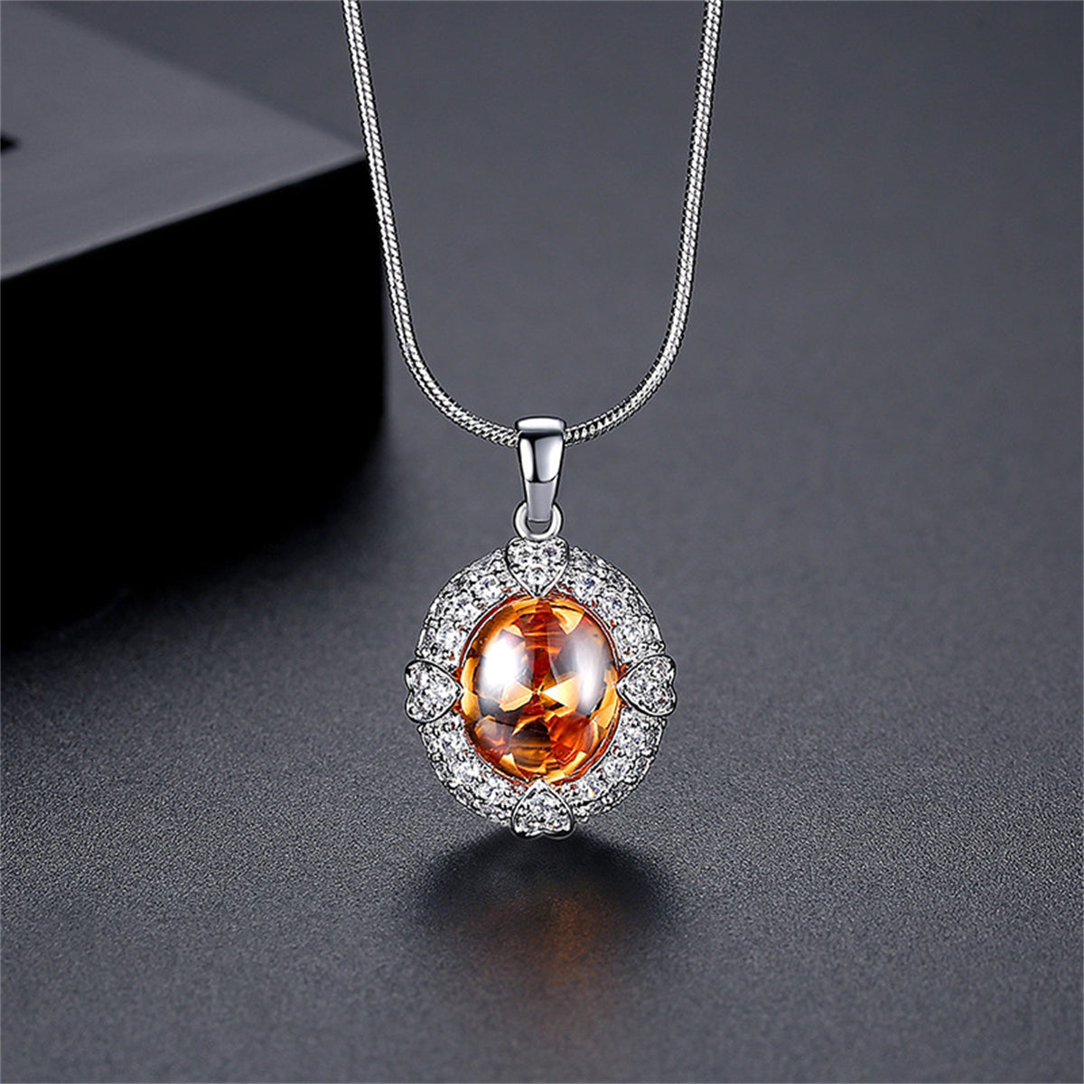 Orange Crystal and Cubic Zirconia Heart Oval Pendant Necklace, pendant necklace for women, front view