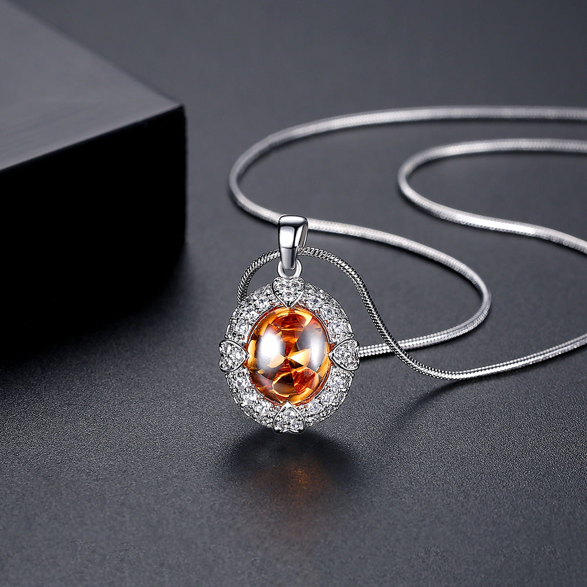 Orange Crystal and Cubic Zirconia Heart Oval Pendant Necklace, pendant necklace for women, lifestyle look