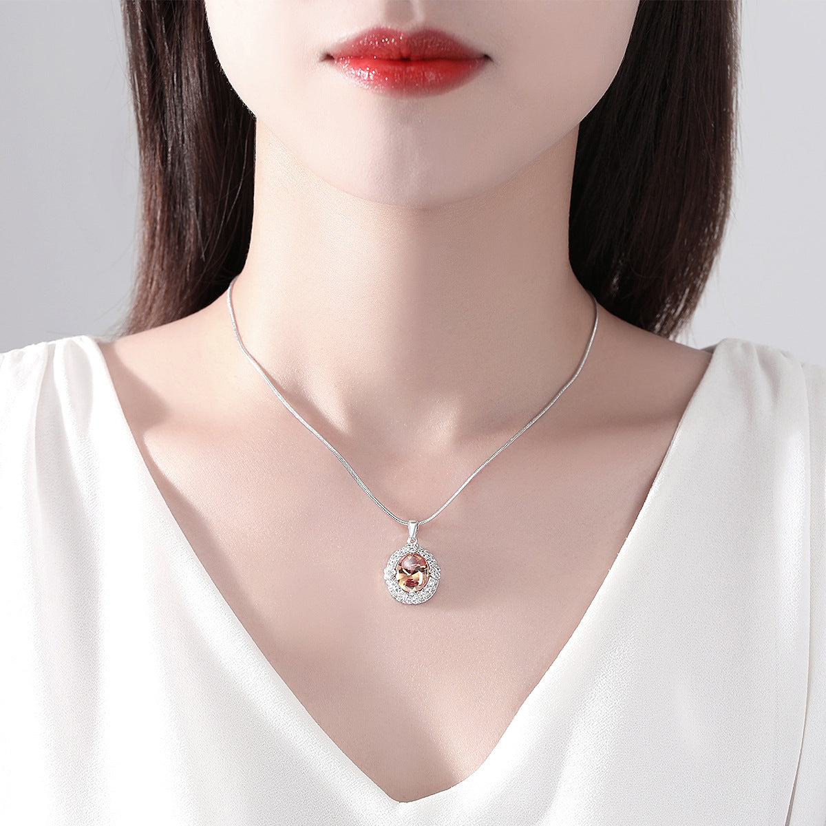 Orange Crystal and Cubic Zirconia Heart Oval Pendant Necklace, pendant necklace for women, side view