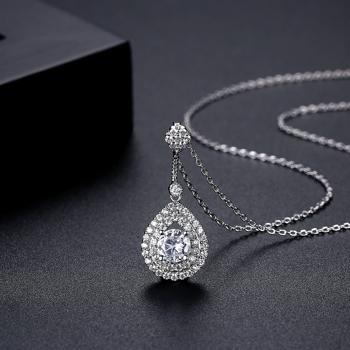 Crystal and Cubic Zirconia Silver-Plated Drop Pendant Necklace, silver pendant necklace for women, detail close-up