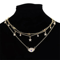 Cubic Zirconia & 18K Gold-Plated Star & Eye Layered Necklace