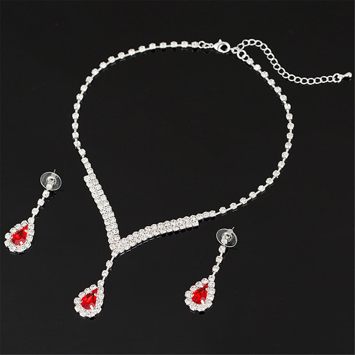 Red & Cubic Zirconia Pear Statement Necklace & Drop Earrings