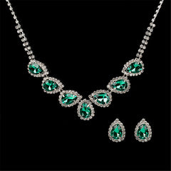 Green & Cubic Zirconia Pear Statement Necklace & Stud Earrings