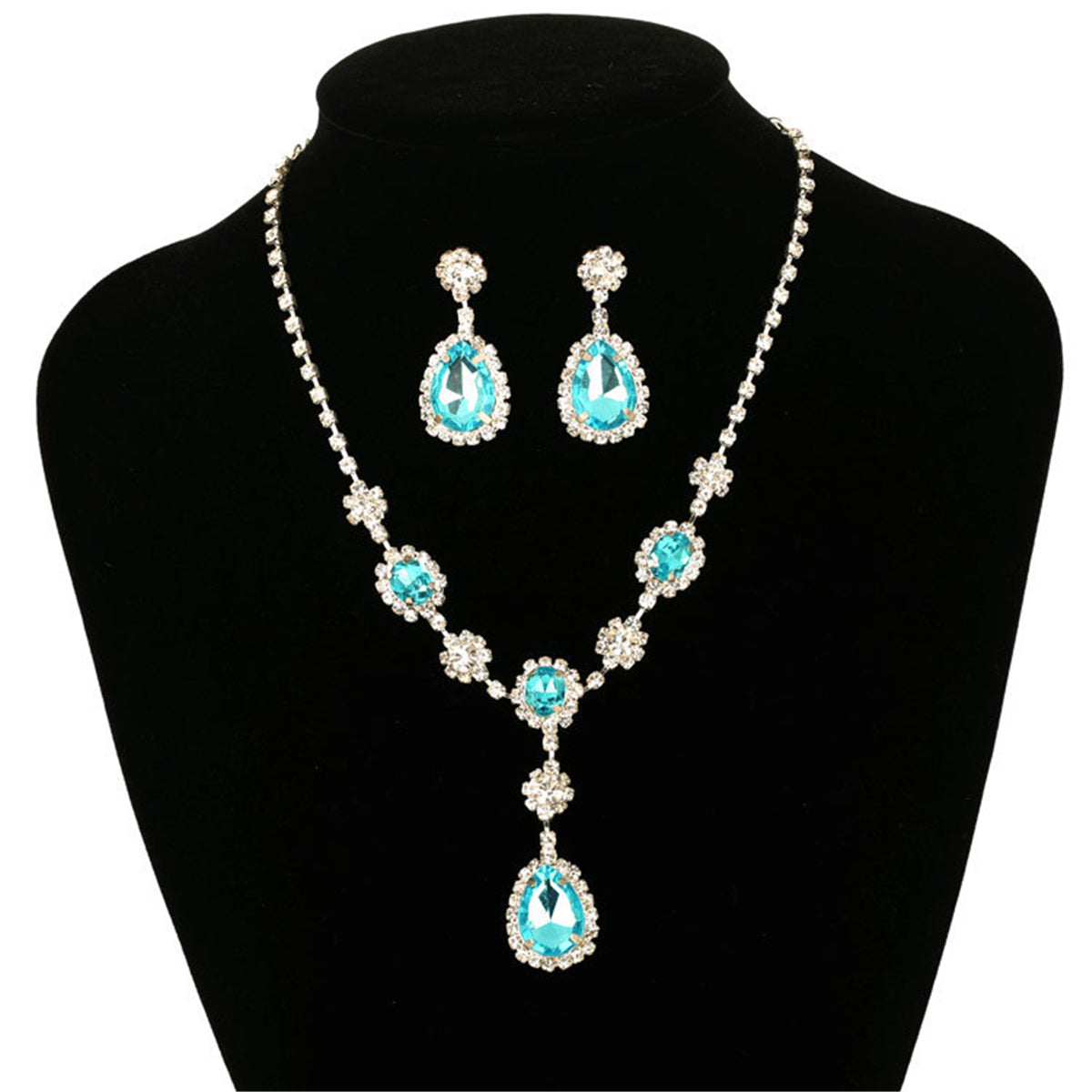 Blue Crystal and Cubic Zirconia Drop Earrings and Statement Necklace, drop earrings for women, botanical inspired, side view