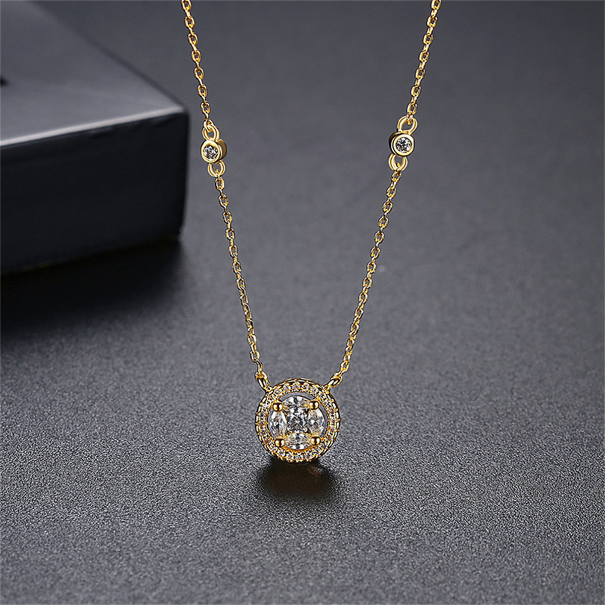 Crystal and Cubic Zirconia 18K Gold-Plated Round Halo Pendant Necklace, gold pendant necklace for women, side view