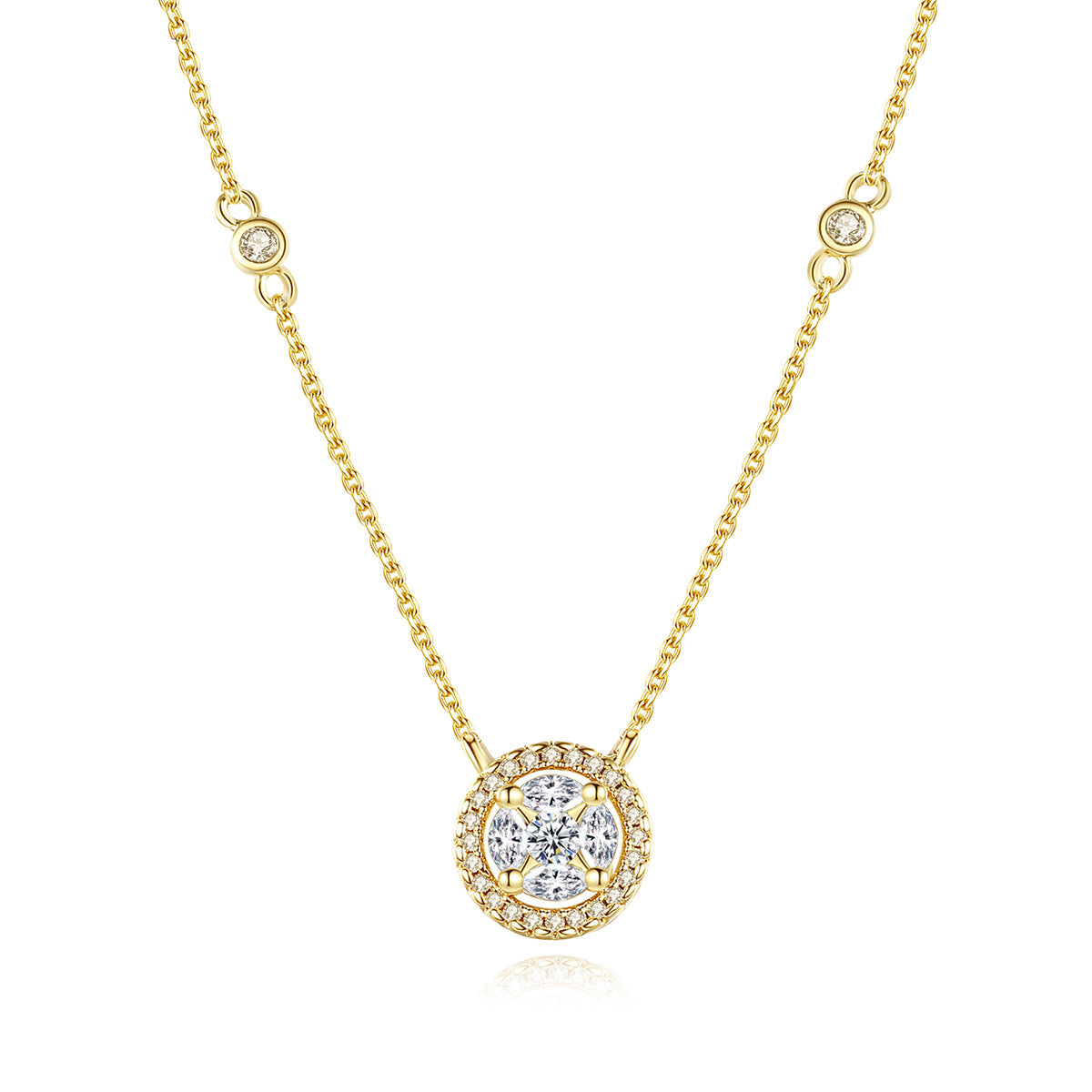 Crystal and Cubic Zirconia 18K Gold-Plated Round Halo Pendant Necklace, gold pendant necklace for women, front view