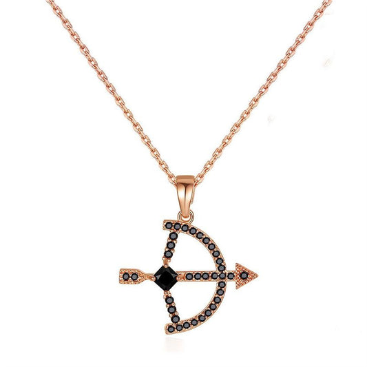 Black Crystal and Cubic Zirconia 18K Rose Gold-Plated Bow Arrow Pendant Necklace, rose gold pendant necklace..., front view