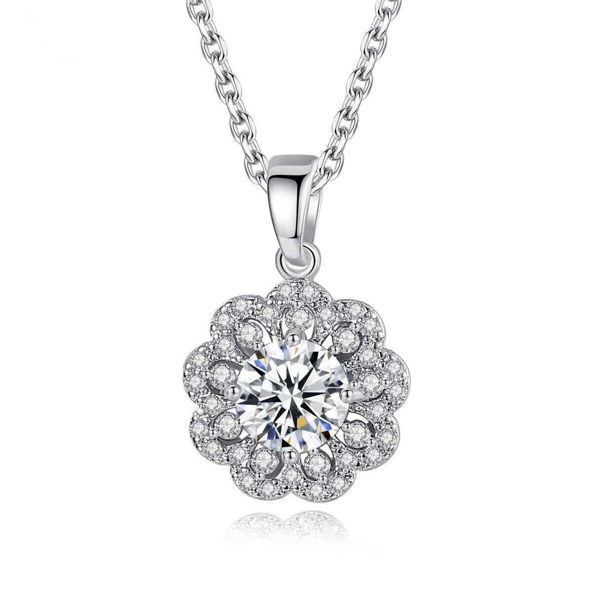 Crystal and Cubic Zirconia Flower Pendant Necklace, pendant necklace for women, dainty minimalist design, front view