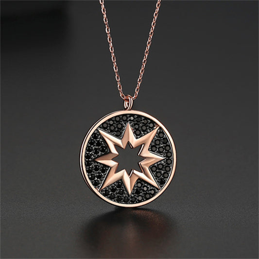 Black Cubic Zirconia and 18K Rose Gold-Plated Sun Pendant Necklace, rose gold pendant necklace for women, front view