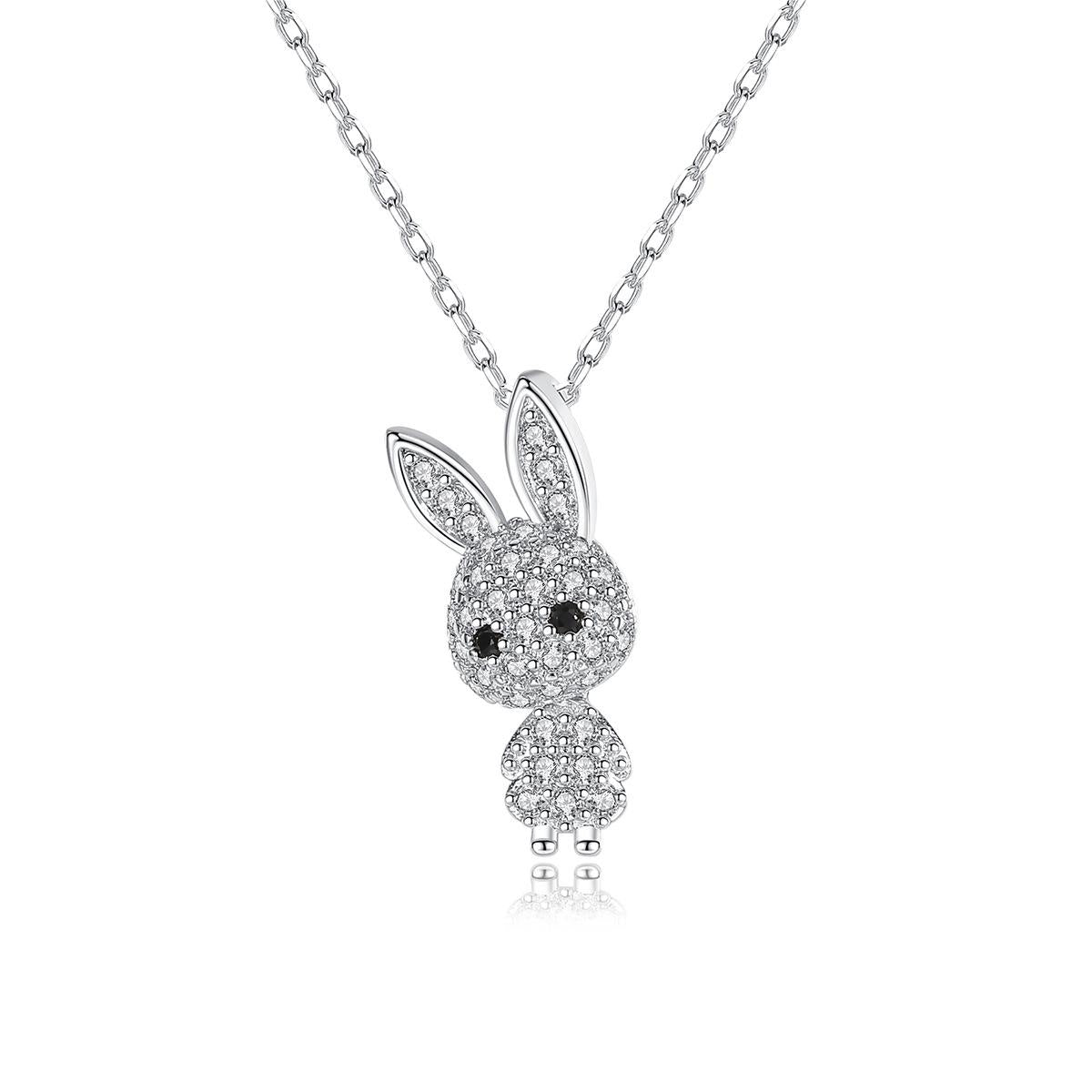 Cubic Zirconia and Silver-Plated Rabbit Pendant Necklace, silver pendant necklace for women, elegant gift for her, front view