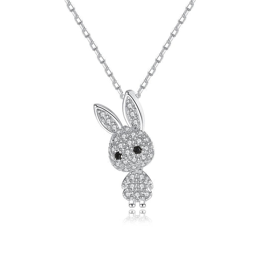Cubic Zirconia and Silver-Plated Rabbit Pendant Necklace, silver pendant necklace for women, elegant gift for her, front view