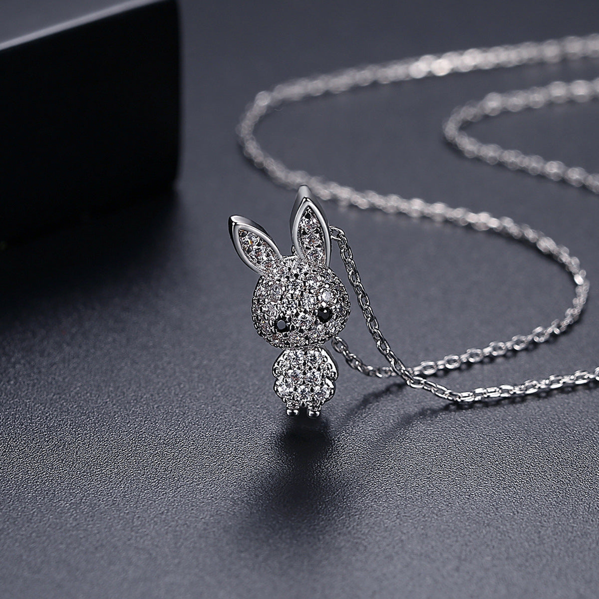 Cubic Zirconia and Silver-Plated Rabbit Pendant Necklace, silver pendant necklace for women, detail close-up