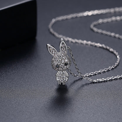 Cubic Zirconia and Silver-Plated Rabbit Pendant Necklace, silver pendant necklace for women, detail close-up