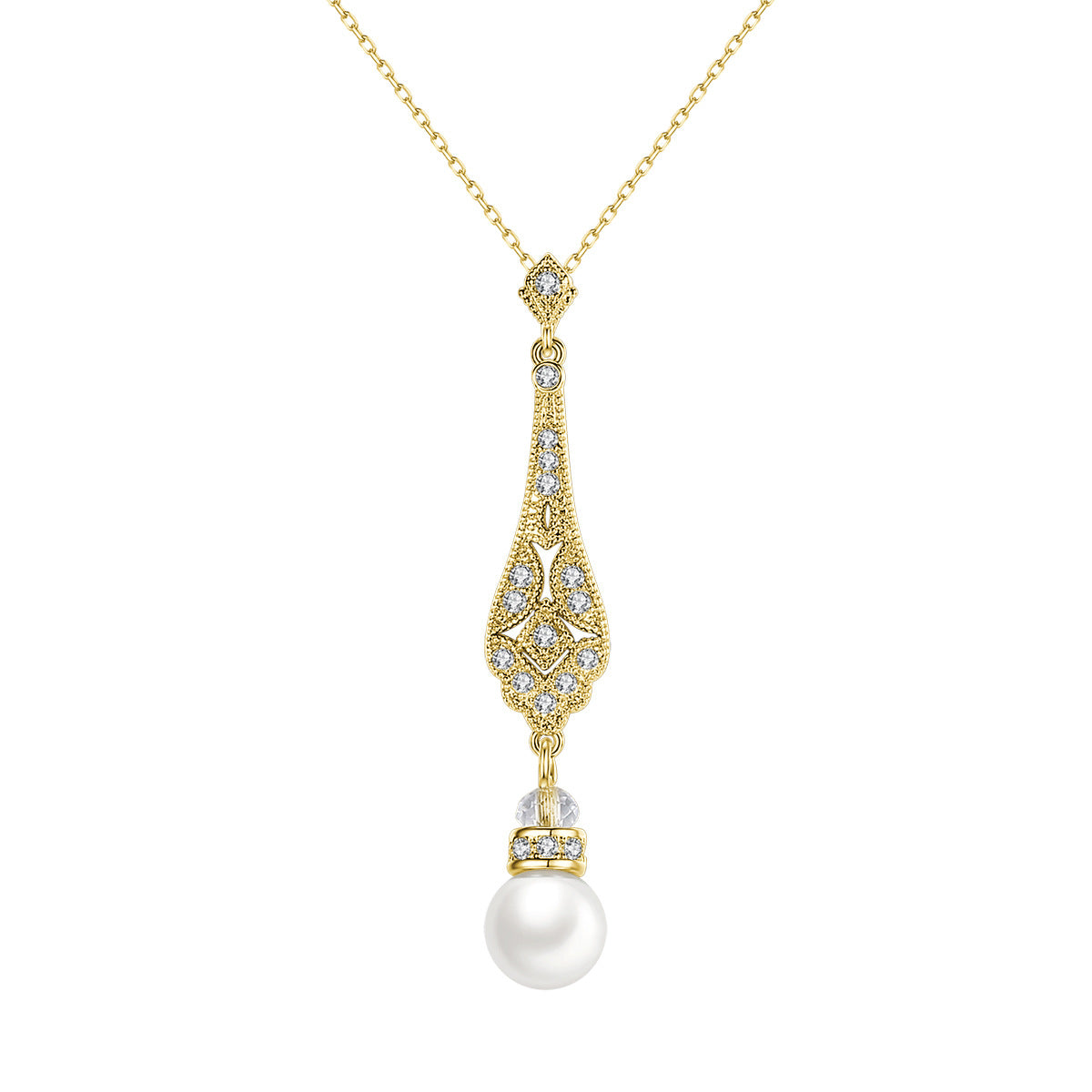 Pearl and Cubic Zirconia 18K Gold-Plated Drop Pendant Necklace, gold pendant necklace for women, everyday style, front view