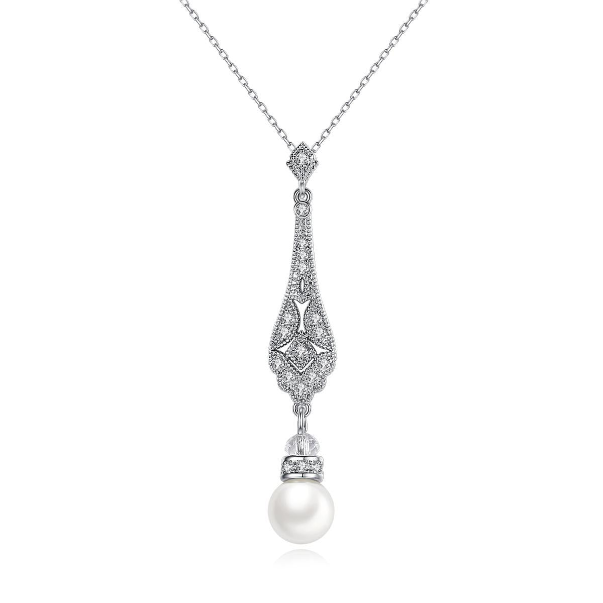 Pearl and Cubic Zirconia Silver-Plated Drop Pendant Necklace, silver pendant necklace for women, front view