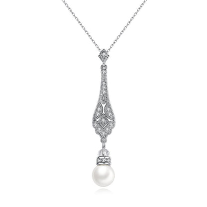 Pearl and Cubic Zirconia Silver-Plated Drop Pendant Necklace, silver pendant necklace for women, front view