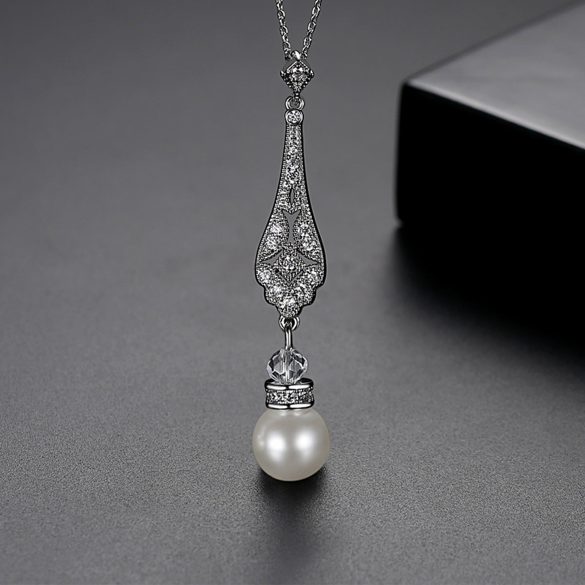 Pearl and Cubic Zirconia Silver-Plated Drop Pendant Necklace, silver pendant necklace for women, side view