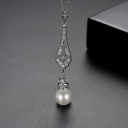 Pearl and Cubic Zirconia Silver-Plated Drop Pendant Necklace, silver pendant necklace for women, side view