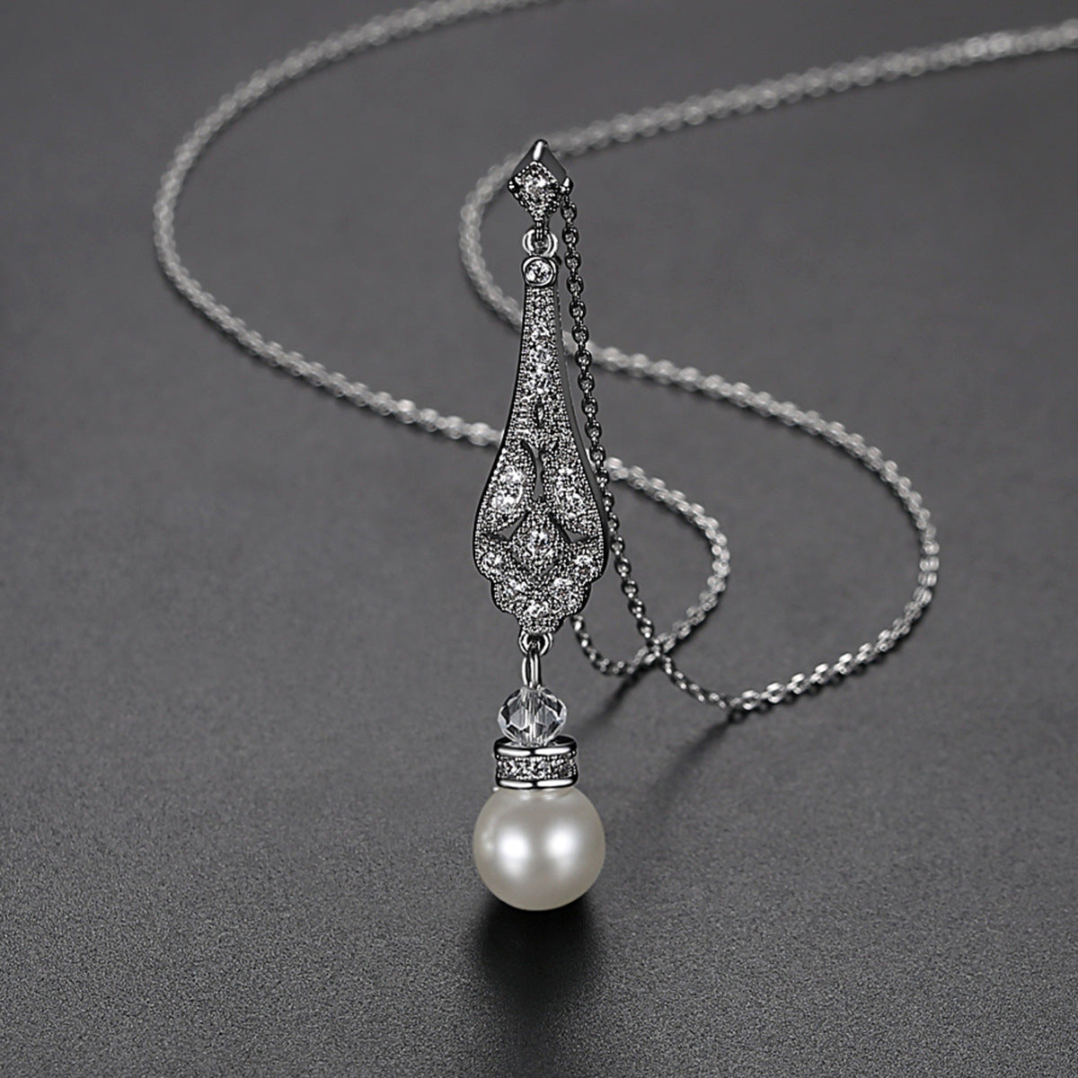 Pearl and Cubic Zirconia Silver-Plated Drop Pendant Necklace, silver pendant necklace for women, detail close-up