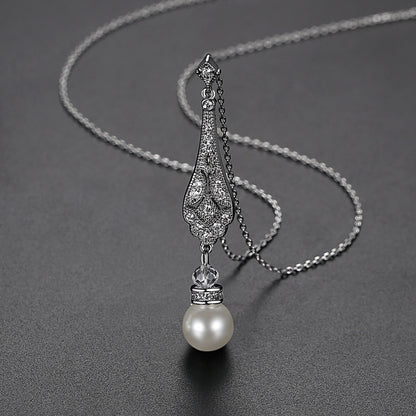 Pearl and Cubic Zirconia Silver-Plated Drop Pendant Necklace, silver pendant necklace for women, detail close-up