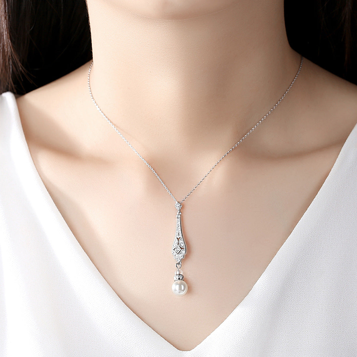 Pearl and Cubic Zirconia Silver-Plated Drop Pendant Necklace, silver pendant necklace for women, styled look