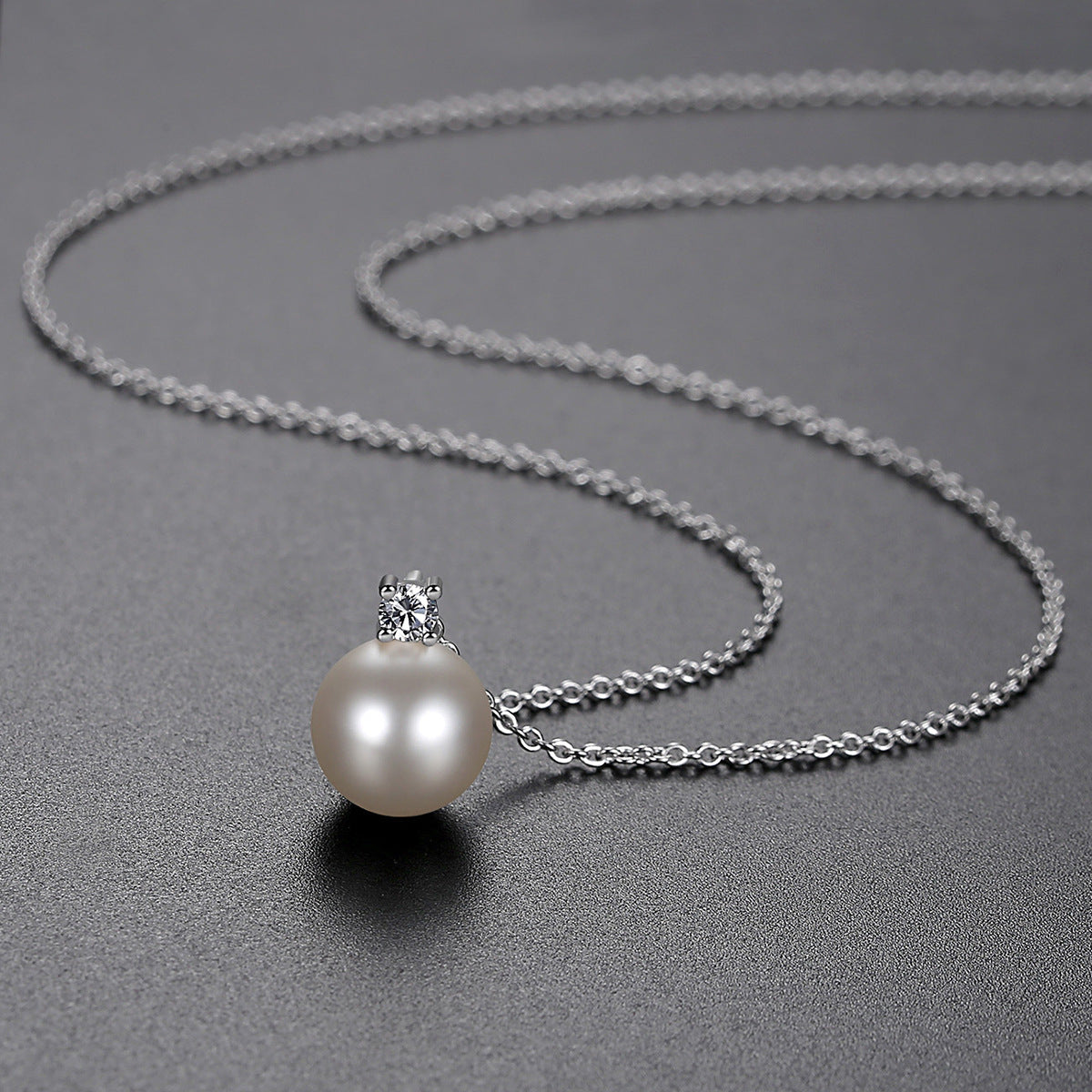 Cubic Zirconia and Pearl Silver-Plated Ball Pendant Necklace, silver pendant necklace for women, detail close-up