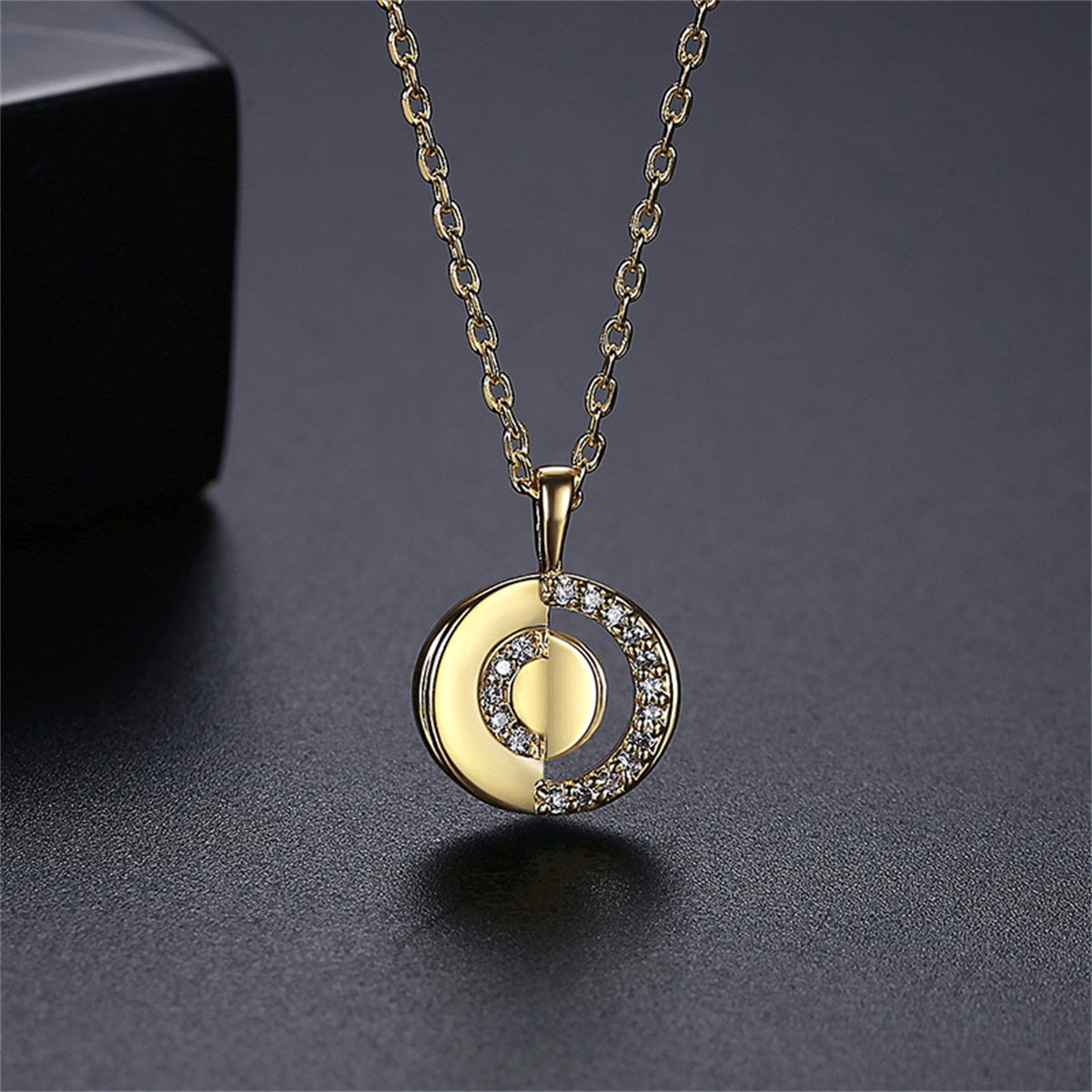 Cubic Zirconia and 18K Gold-Plated Openwork Round Pendant Necklace, gold pendant necklace for women, side view