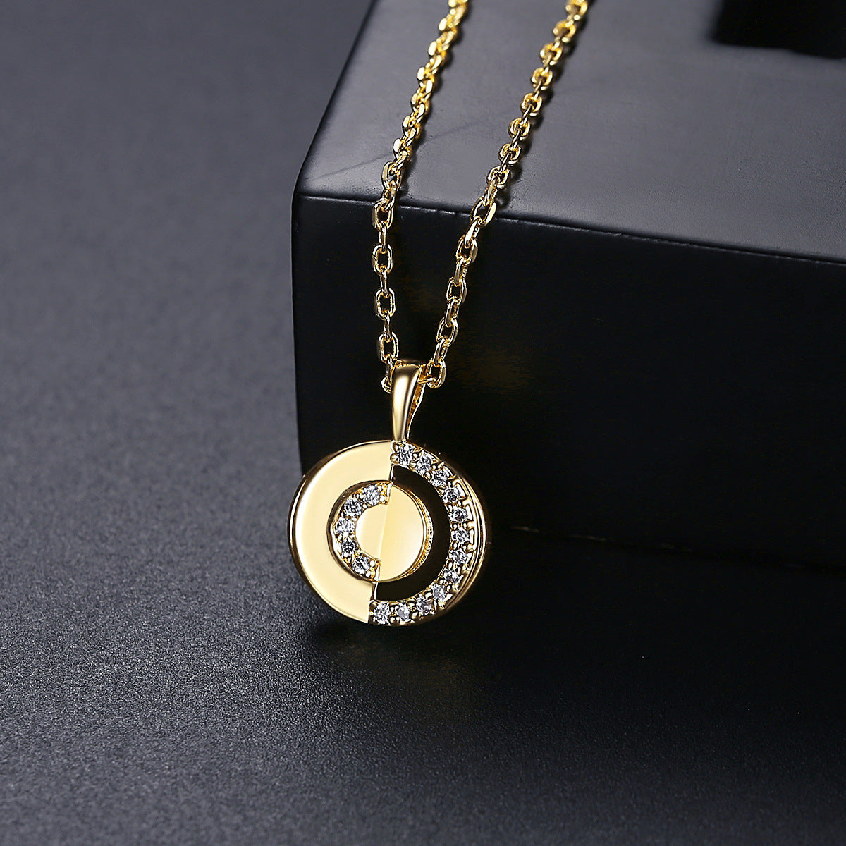 Cubic Zirconia and 18K Gold-Plated Openwork Round Pendant Necklace, gold pendant necklace for women, detail close-up