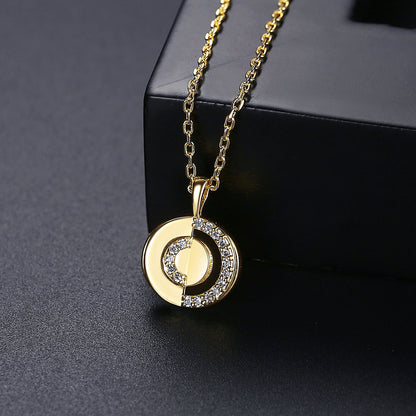 Cubic Zirconia and 18K Gold-Plated Openwork Round Pendant Necklace, gold pendant necklace for women, detail close-up