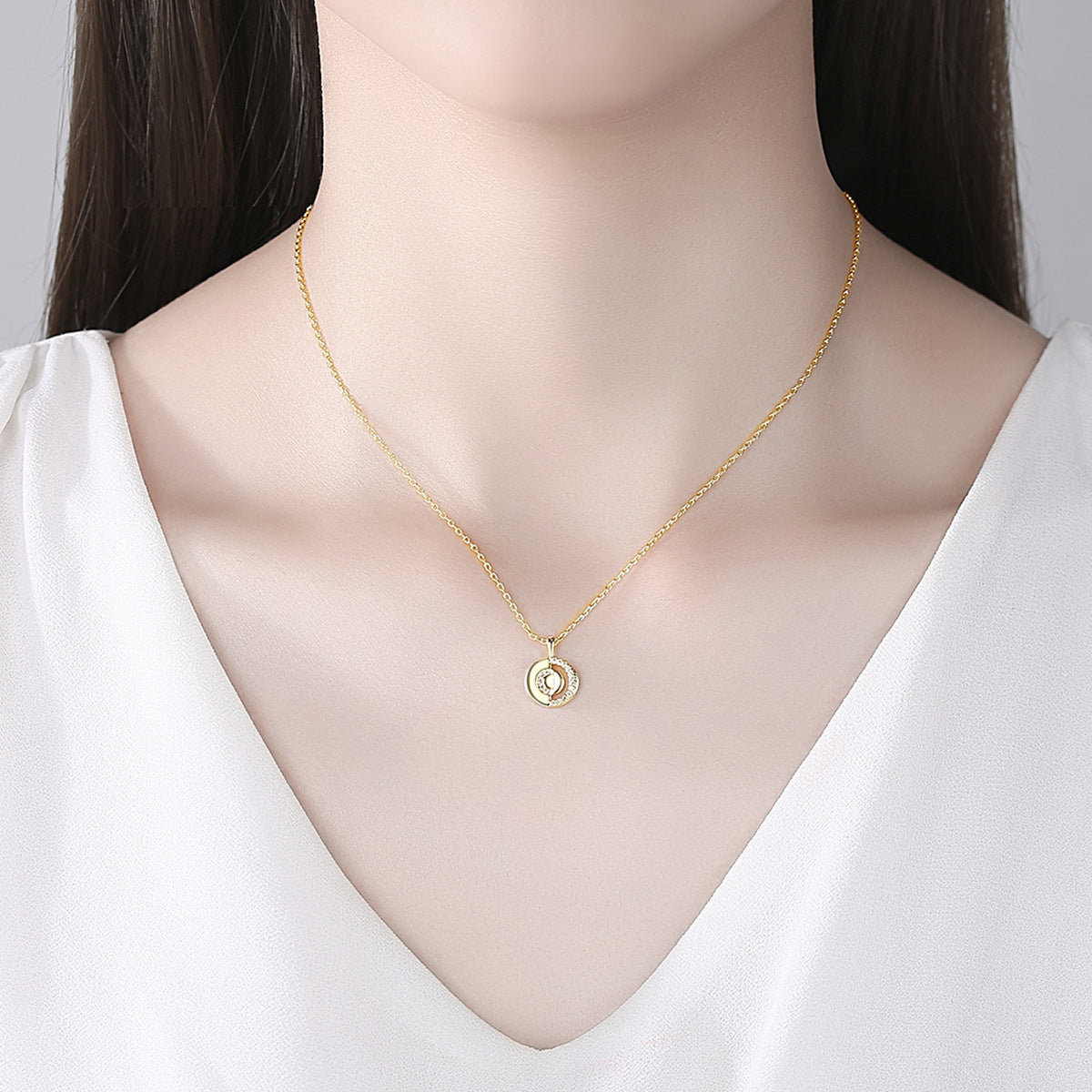 Cubic Zirconia and 18K Gold-Plated Openwork Round Pendant Necklace, gold pendant necklace for women, styled look