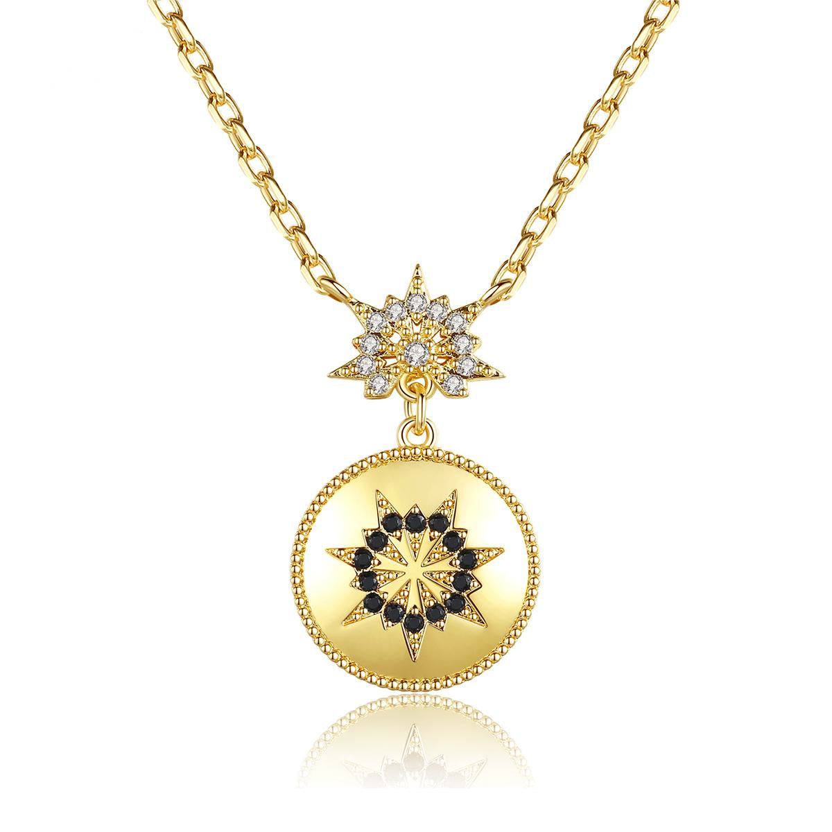Black Cubic Zirconia and 18K Gold-Plated Floral Round Pendant Necklace, gold pendant necklace for women, front view